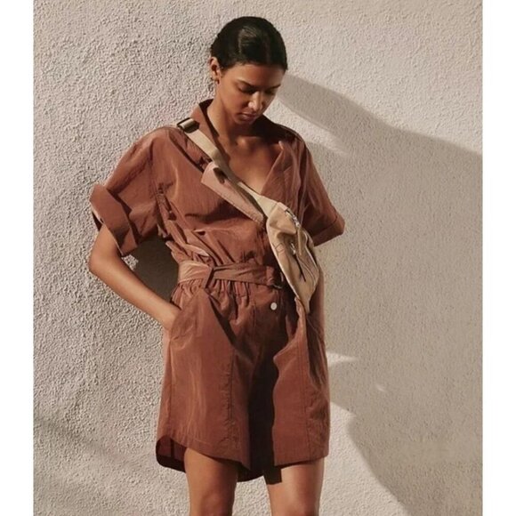 Varley Belted Crinkled Nylon Playsuit Romper Jumpsuit Brown Shimmer NWT $188 - Picture 2 of 12